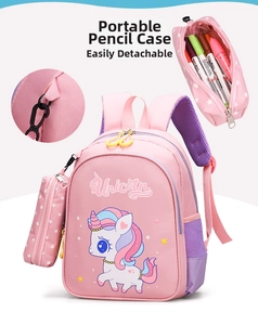 Pink unicorn backpack set with detachable star pattern pencil case and mesh side pocket