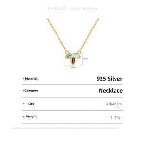 Detailed spec view of S925 silver necklace with tricolor leaf stones and 40/45cm chain