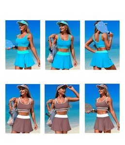 Detail shots of quick-dry athletic bikini set showing two-color skirt and top from multiple angles