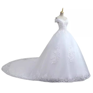 Elegant off-shoulder wedding dress with long train and lace embroidery details