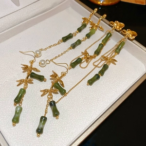 Elegant Chinese style bamboo leaf tassel earrings with green jade beads and pearls