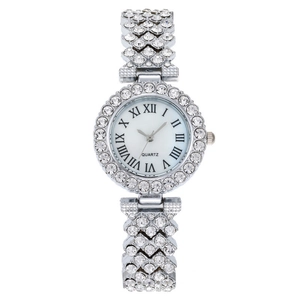 Elegant silver quartz watch for women with rhinestone inlay and Roman numerals dial