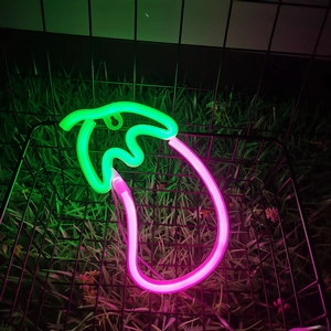 Eggplant-shaped LED neon sign with green and pink light glowing in a black basket