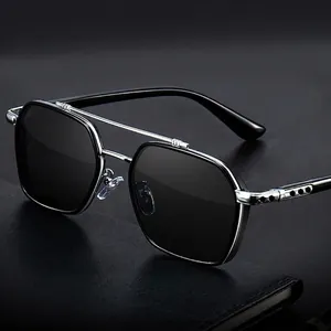 Retro double-bridge sunglasses with silver metal frame and dark grey polarized lenses