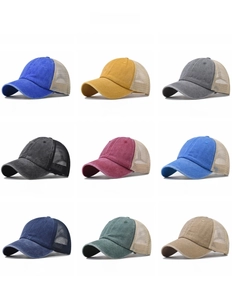 Grid display of nine color variants for washed cotton mesh baseball caps with breathable design