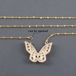 Minimalist 18k gold plated butterfly pendant necklace with zircon paving on a ball chain
