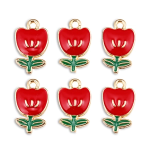 Detail of six red tulip flower pendants with green leaves and golden alloy frames