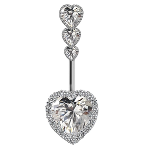 Macro shot of silver navel ring featuring stacked heart-shaped zircons on white background