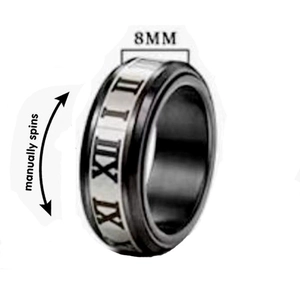 8mm men's fidget ring with Roman numerals and black silver spinning band