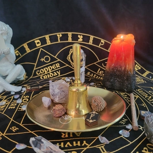 Pentagram metal tray and brass bell set for tarot ritual and meditation ceremonies