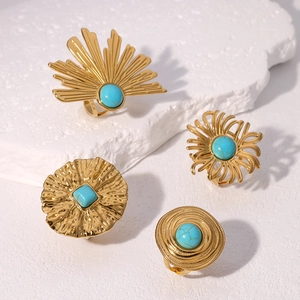 Ensemble de bagues luxe en acier inoxydable doré 18k avec pierres turquoises pour femme