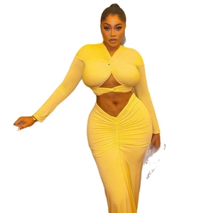 Women's 2-piece bright yellow set with cross-front crop top and ruched bodycon maxi skirt