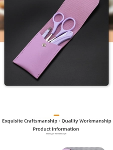 Detail of purple eyebrow grooming set with scissors and tweezers in a button leather pouch