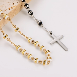 6mm stainless steel beaded rosary necklace with gold and silver cross pendants