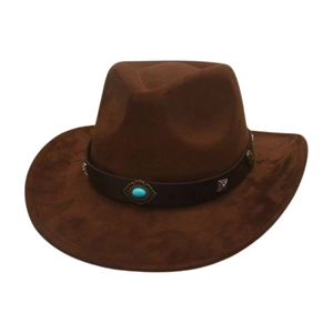 Brown faux suede western cowboy hat with turquoise stone and vintage metal studs