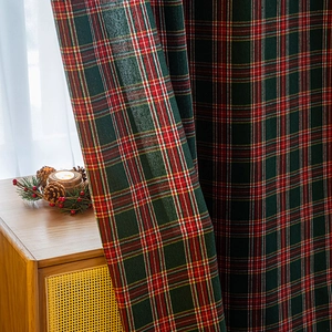 Christmas Plaid Curtains Polyester Blackout Window Drapes With Pom-pom Holiday Decor Living Room American Retro Style