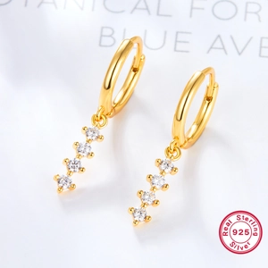Chic 925 sterling silver gold-plated hoop earrings with vertical four-stone clear zircons