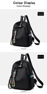 Size comparison between large and small black nylon backpacks with colorful LOVE straps