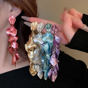 Colorful long pleated petal tassel earrings in various vibrant satin finish colors