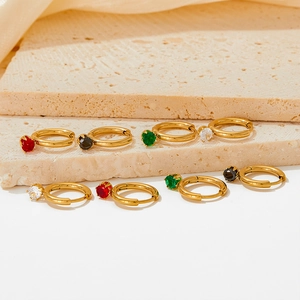 Set of four gold-plated cubic zirconia hoop earrings in red, black, green and white colors