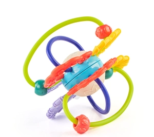 Detail of colorful Manhattan ball baby toy with flexible textured loops and sliding beads