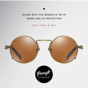 Detail view of steampunk round metal sunglasses with UV protection and industrial screws