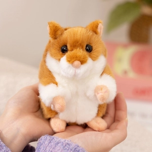 Standing brown and white hamster plush doll with realistic details in small size