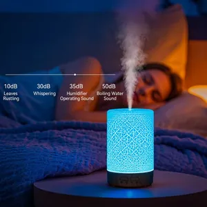 Mini USB humidifier with blue crackle design and wood base, 35dB silent mist operation