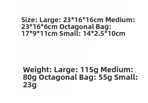 Detailed size chart and weight guide for cosmetic bags in four different storage sizes