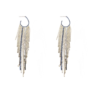 Emerald diamond leaf tassel earrings featuring layered gold and silver chains in white background