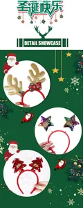 Close-up of glittery reindeer antlers and sequined stars on Christmas headbands