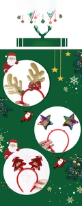 Close-up of glittery reindeer antlers and sequined stars on Christmas headbands