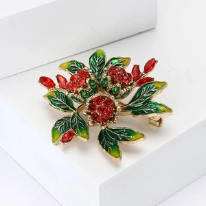 Elegant gold alloy brooch with red crystal roses and green enamel leaves for women