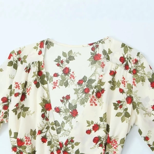 Floral French vintage wrap dress with red rose print and long sleeves in white chiffon