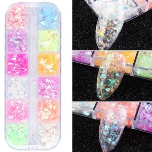 12-grid aurora laser nail art glitter flakes set with clear application effect