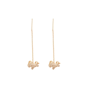 Elegant gold-plated puppy drop earrings with zircon crystals on a white background