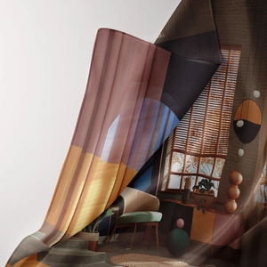 Detail of bohemian tapestry fabric showing digital print texture and fine polyester weave
