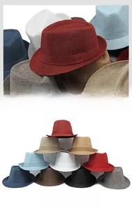 Detail showing various colors of woven jazz hats with breathable linen texture