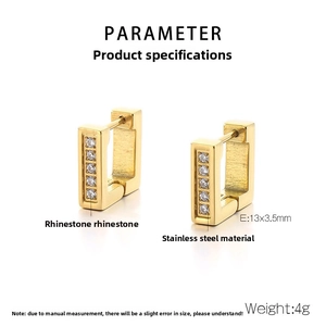 Macro detail of gold square stainless steel earrings with rhinestones 13x3.5mm
