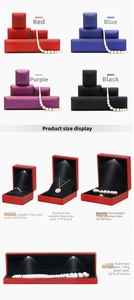 Detail view of colorful LED jewelry boxes showing interior padding and dimensions
