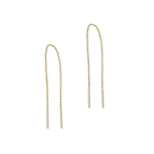 Detailed view of minimalist gold tassel threader earrings with geometric heart pendants
