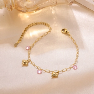 French Style Luxury 18K Gold Plated Stainless Steel Heart Pendant Round Zirconia Bracelet Pink Stone Chain Jewelry For Women
