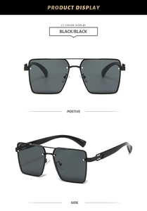 Detail view of glossy black square frame sunglasses with metal hinges and sleek design