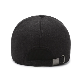 Rear view of winter warm baseball cap for men in dark grey wool with adjustable metal buckle