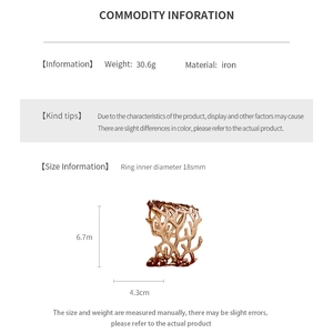 Detail view of golden hollow coral cuff bracelet showing size and weight specs