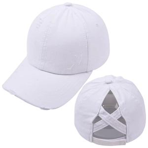 Macro detail of white distressed ponytail baseball cap featuring criss-cross elastic bands