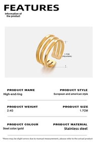 Detail showing triple-layer lines of golden stainless steel ring and size parameters