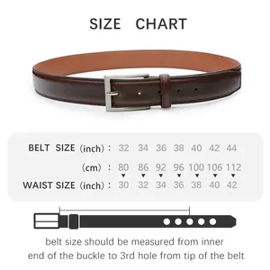 Detailed size guide for men's leather belt showing waist and belt length measurements