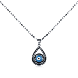 Polished S925 sterling silver evil eye pendant necklace with black zircon accents