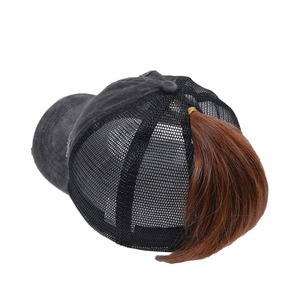 Washed black mesh ponytail baseball cap with high opening for outdoor sun protection